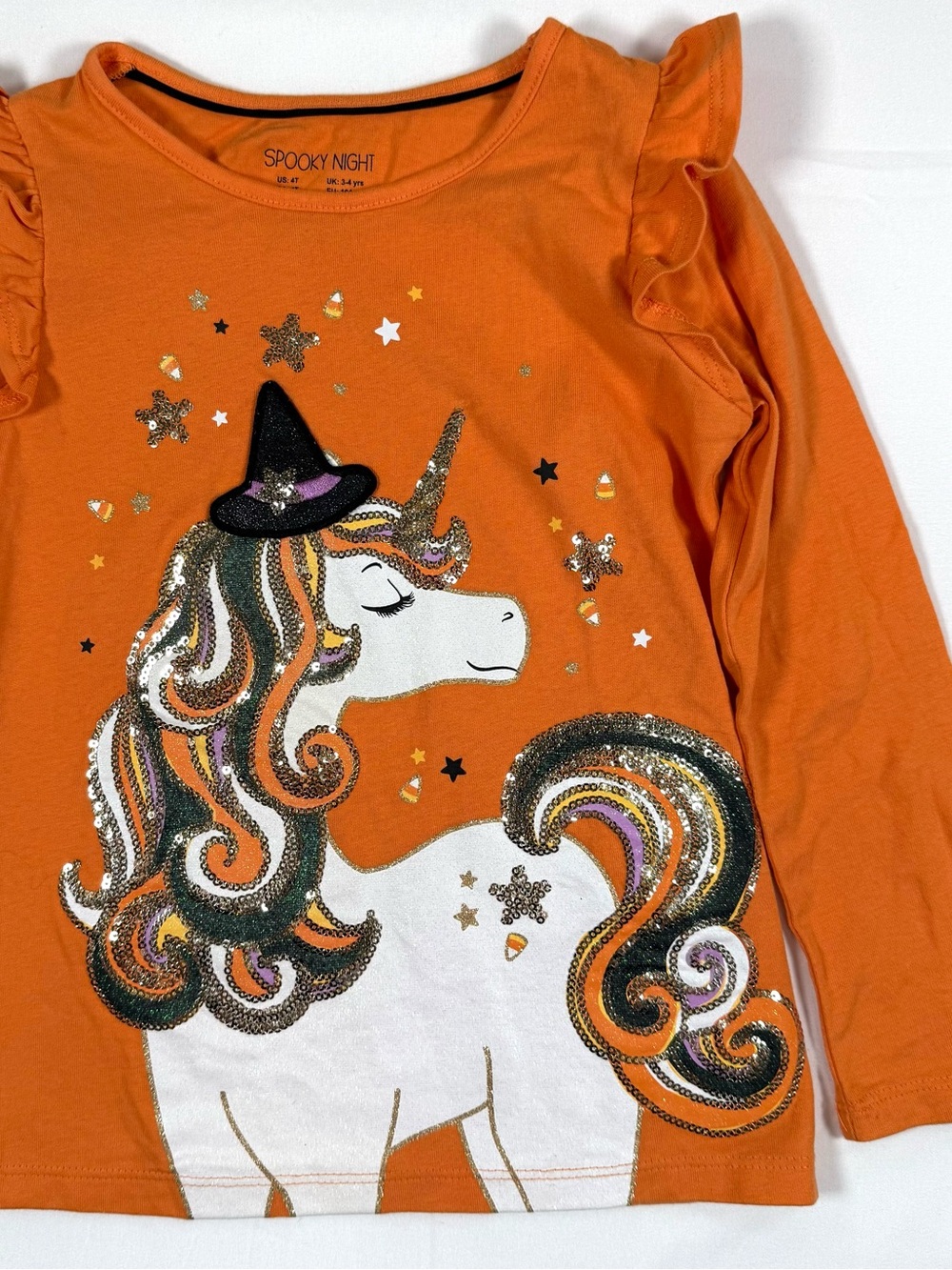 SPOOKY NIGHT Girls Halloween Witch Unicorn Ruffle Shirt 4T Sequins Whimsical